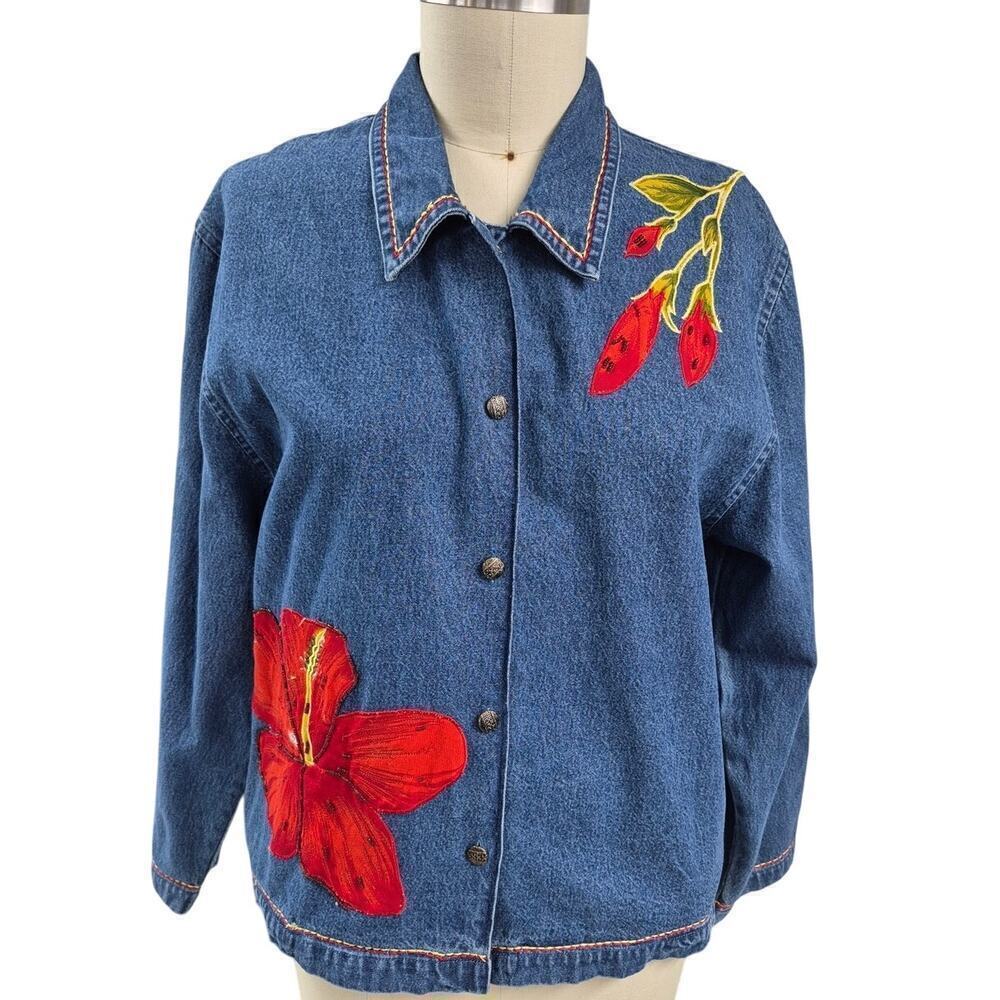 Vtg Y2K Tantrums Blue Denim Shirt-jacket Pockets Red Hibiscus Applique L